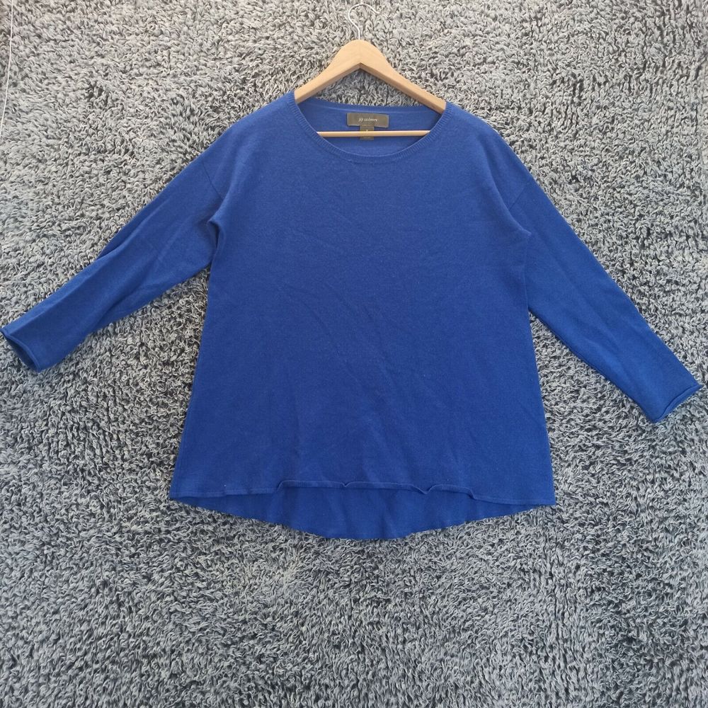 Sweater Ply 100%Cashmere Medium Top Women Blue Pullover Crew Neck 3/4 Sleeves